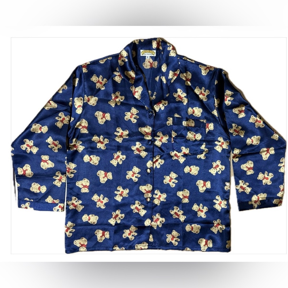 Oriental Village Silk Collection Blue Teddy Bear Print Pajama Top Bottom Set XL